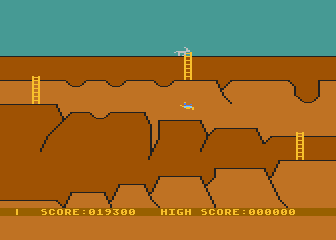 Canyon Climber (Atari 8-bit) screenshot: You got knocked down! Guess you'll have to start again from the bottom...