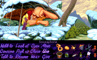 Simon the Sorcerer (Windows) screenshot: With his extraordinary musical talent, Simon tries to wake up the giant