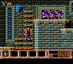 Gods (SNES) screenshot: Three violet guys watch how I climb
