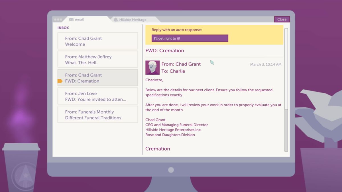 A Mortician's Tale (Windows) screenshot: Another mail with just an auto response