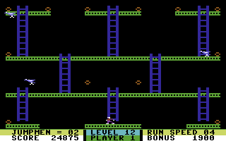 Jumpman Junior (Commodore 64) screenshot: Level 12 - Hurricane - The wind is blowing against you in this level.