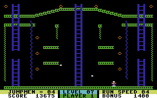 Jumpman Junior (Commodore 64) screenshot: Level 7 - Zig-Zag - The bullets go in a zig-zag pattern in this level.