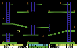 Jumpman Junior (Commodore 64) screenshot: Level 10 - Herethereeverywhere - When you grab a bomb you'll be transported to the glowing square.