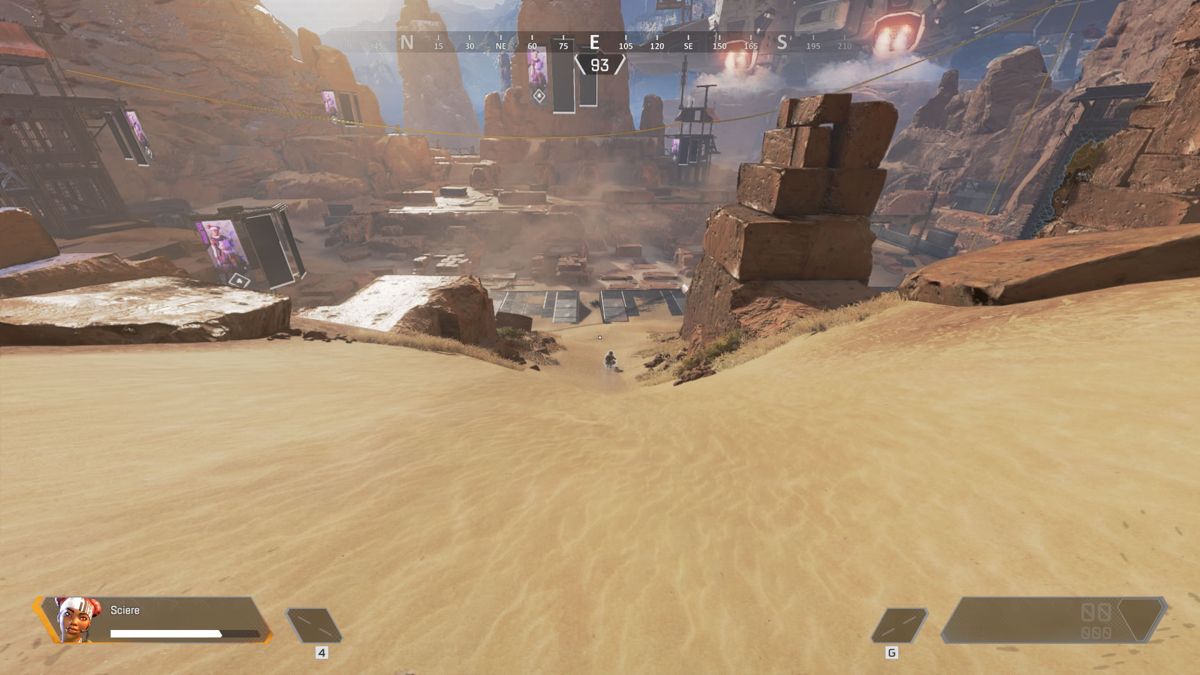 Apex Legends (Windows) screenshot: Sliding down a sand hill in the tutorial area.