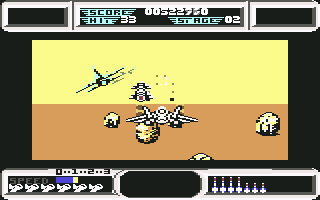 After Burner II (Commodore 64) screenshot: Incoming missile from behind in level 2