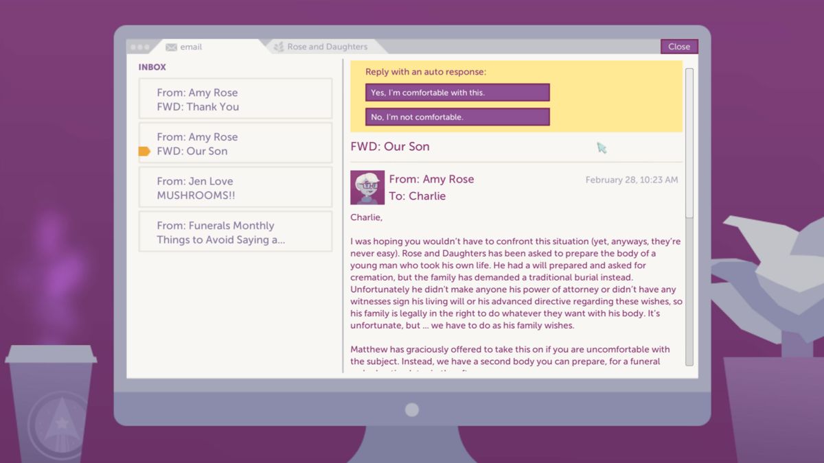 A Mortician's Tale (Windows) screenshot: Two options during a conversation with Amy Rose through e-mail.