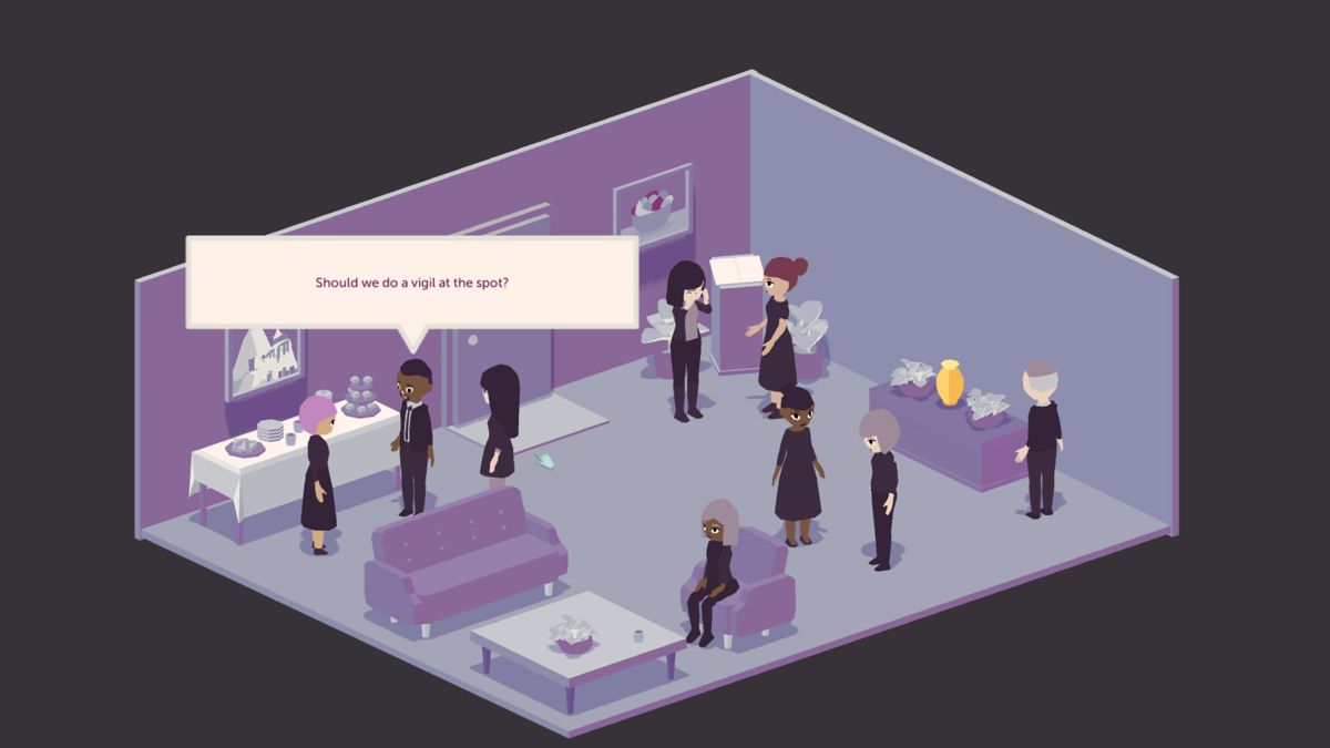 A Mortician's Tale (Windows) screenshot: The characters speak their mind while Charlie listens in.