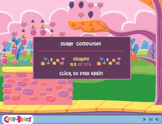 Cheer Bear's Sweet Ride (Browser) screenshot: A summary is shown at the end of the stage, where you can see how many pickups you managed to get!
