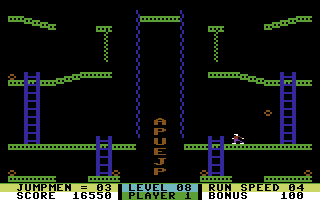 Jumpman Junior (Commodore 64) screenshot: Level 8 - Spellbound - Every time you pick up a bomb, a letter appears.