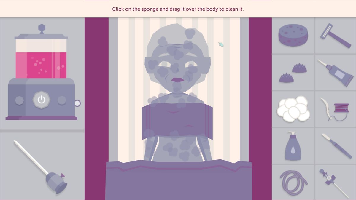 A Mortician's Tale (Windows) screenshot: Cleaning a body with a sponge.