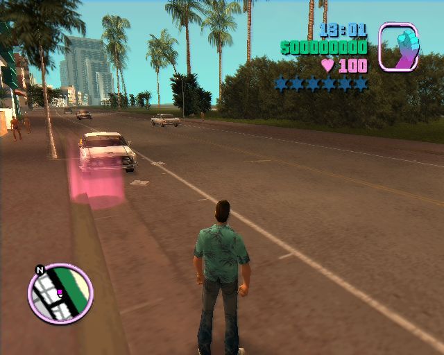 Grand Theft Auto: Vice City (PlayStation 2) screenshot: The pink spot shows the player's destination. We were supposed to arrive by car but that's at the bottom of the river now