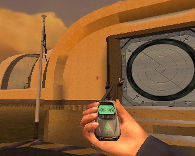 007: Agent Under Fire (PlayStation 2) screenshot: 'Trouble In Paradise': Outside the enemy base. There are two ways in, hack the lock with the Q-Decrypter or use the Q-Claw to get on the roof and enter via the air vent
