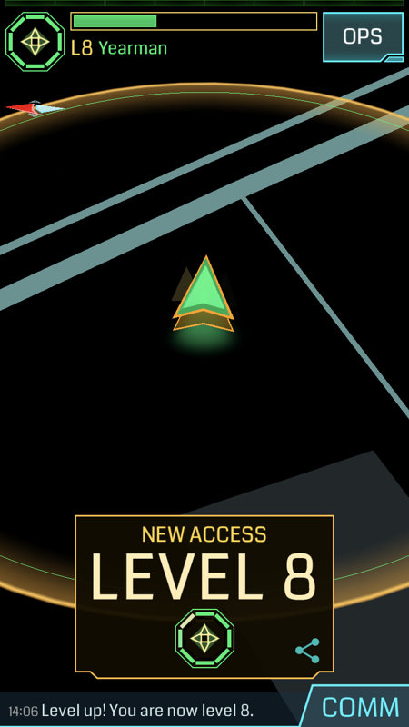 Ingress (iPhone) screenshot: Level up! Now I can use level 8 weapons and resonators.