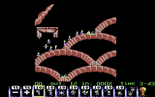 Lemmings (Commodore 64) screenshot: Watch out for acid pits!