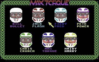 Max Torque (Commodore 64) screenshot: Select your rider.