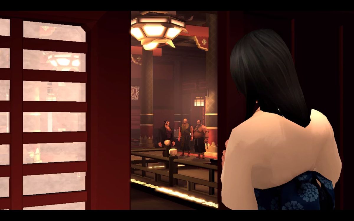 Karateka (Windows) screenshot: Short cut-scene: Mariko watches as Akuma sends out the minibosses.