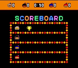 Super Bomberman (SNES) screenshot: Battle mode scoreboard.