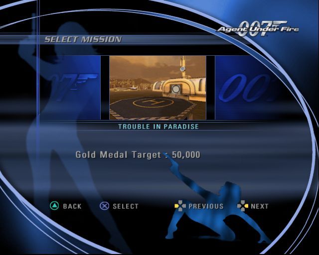 007: Agent Under Fire (PlayStation 2) screenshot: The mission selection screen. at the start of a new game 'Trouble In Paradise' is the only available mission