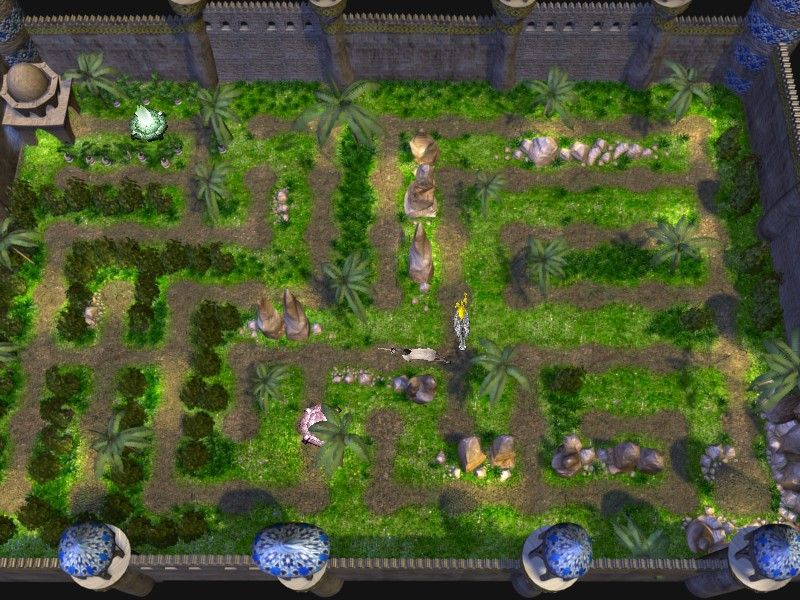 Beyond Atlantis II (Windows) screenshot: Garden maze puzzle; place baits to guide the unicorn.