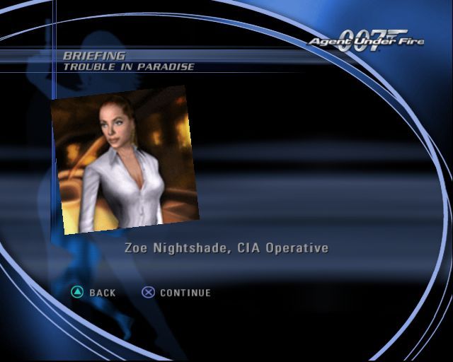 007: Agent Under Fire (PlayStation 2) screenshot: 'Trouble In Paradise': CIA Agent Zoe Nightshade is missing in Singapore. She was on the trail of bio weapon smugglers
