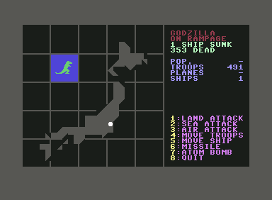 Godzilla! (Commodore 64) screenshot: Godzilla Attacks