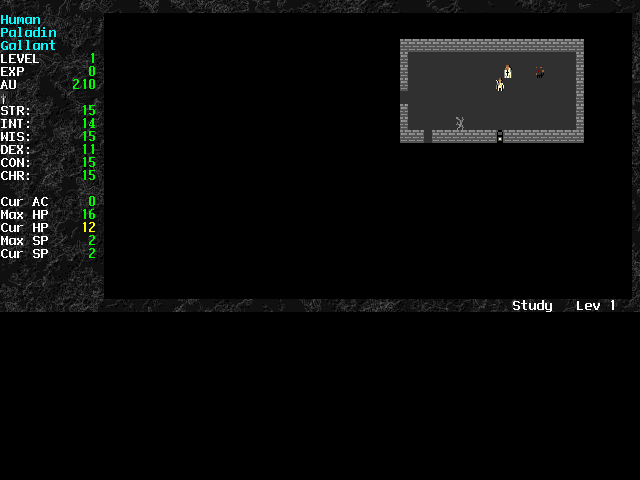 Angband (DOS) screenshot: The first level of the dungeon--note the ant that's hard to see without cranking up the contrast.