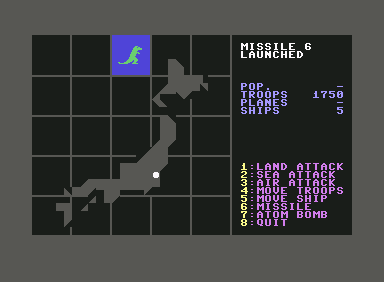 Godzilla! (Commodore 64) screenshot: Missiles target Godzilla no matter where he is on the map.