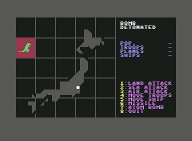 Godzilla! (Commodore 64) screenshot: He's far enough away from Tokyo to drop the bomb.