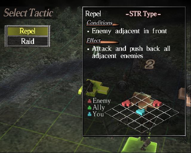 Dynasty Tactics (PlayStation 2) screenshot: One unit is close to an enemy unit. This means that the unit commander can use a specific tactic. the R2 button shows the conditions which must be met before a Tactic can be used