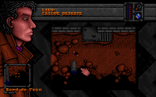 DreamWeb (DOS) screenshot: Exploring a deserted shore (French version). Most locations in the game - even outdoors - are grim and desolate