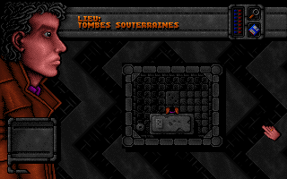 DreamWeb (DOS) screenshot: Exploring subterranean tombs. The playing area is indeed very small in this game. It seems very annoying at first, but you'll feel how it contributes to the oppressive atmosphere