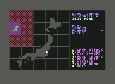 Godzilla! (Commodore 64) screenshot: Dropping the bomb also wipes out any allied forces in adjacent squares.