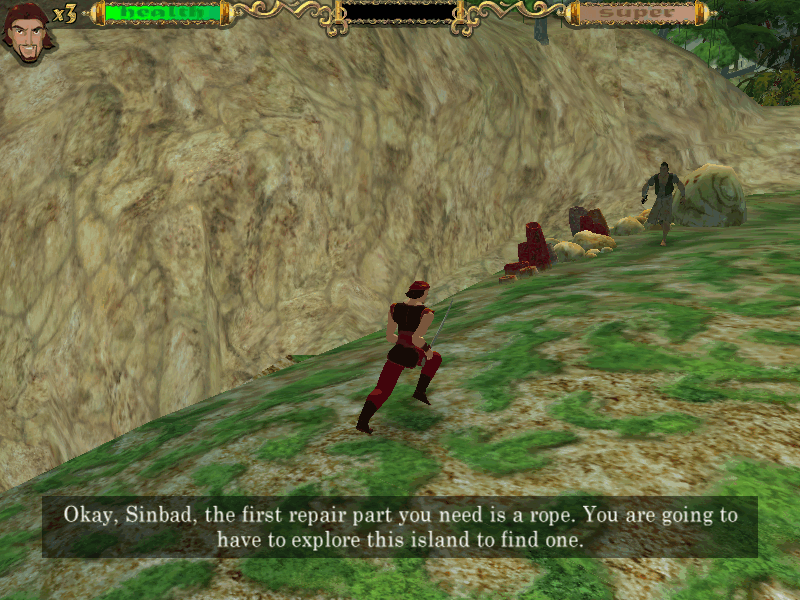 Sinbad: Legend of the Seven Seas (Windows) screenshot: Looks like the sirens left a few marks on the ship. Let's hunt for resources on an island.