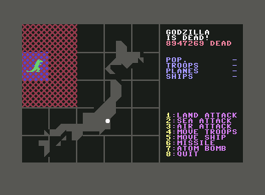Godzilla! (Commodore 64) screenshot: Godzilla is defeated, but at what cost?