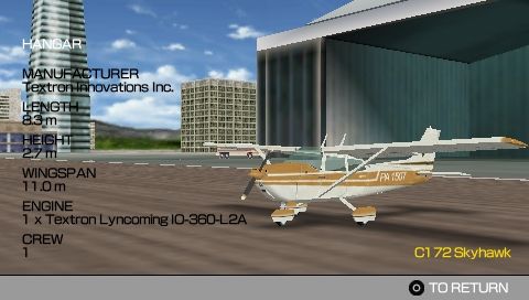 Pilot Academy (PSP) screenshot: The hangar lets you view the airplanes you have unlocked.