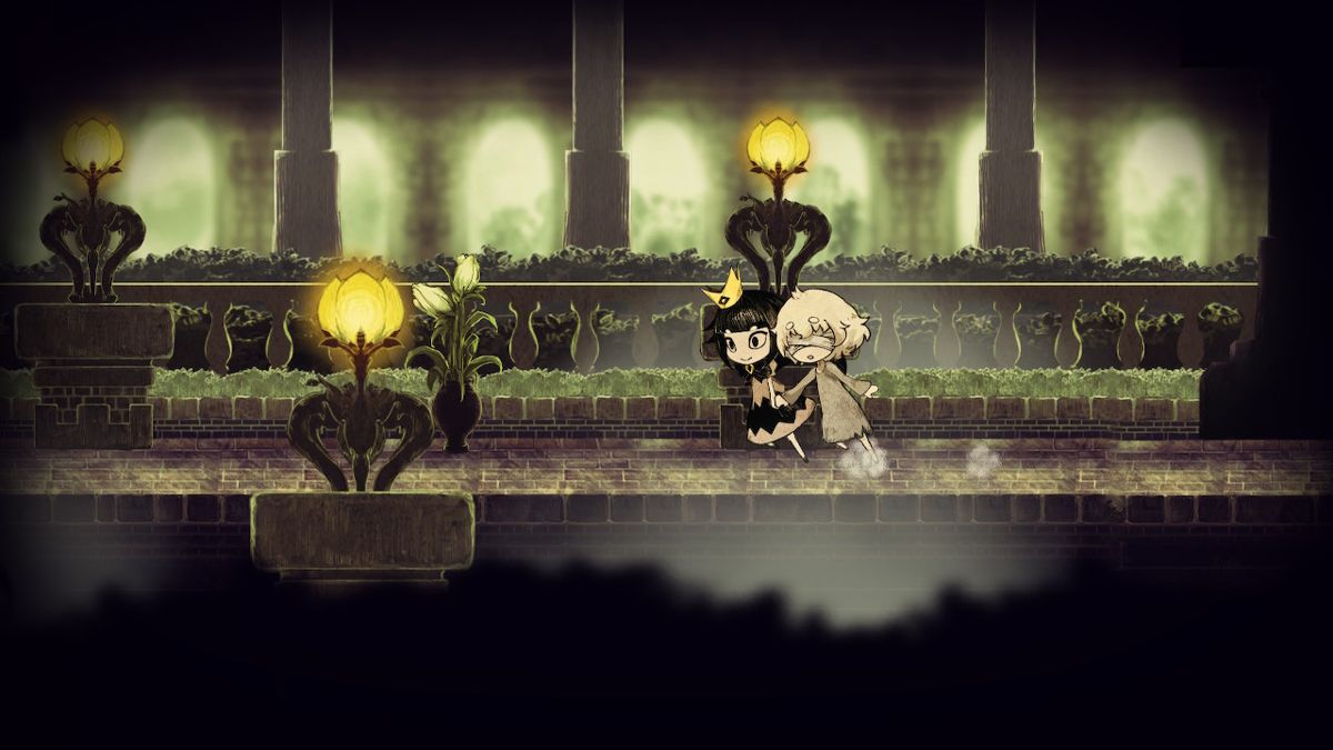 The Liar Princess and the Blind Prince (Nintendo Switch) screenshot: Leading the prince away; the prince won't move on his own, but the princess can take him by the hand to lead him.