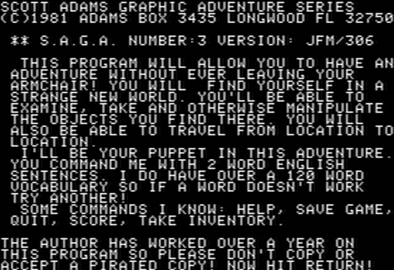 Scott Adams' Graphic Adventure #3: Secret Mission (Apple II) screenshot: Introduction