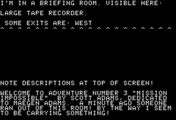 Scott Adams' Graphic Adventure #3: Secret Mission (Apple II) screenshot: Starting in an Office Underground