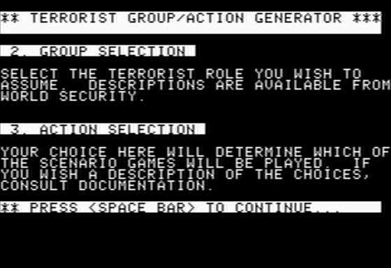Terrorist (Apple II) screenshot: Planning Their Composition and Beliefs