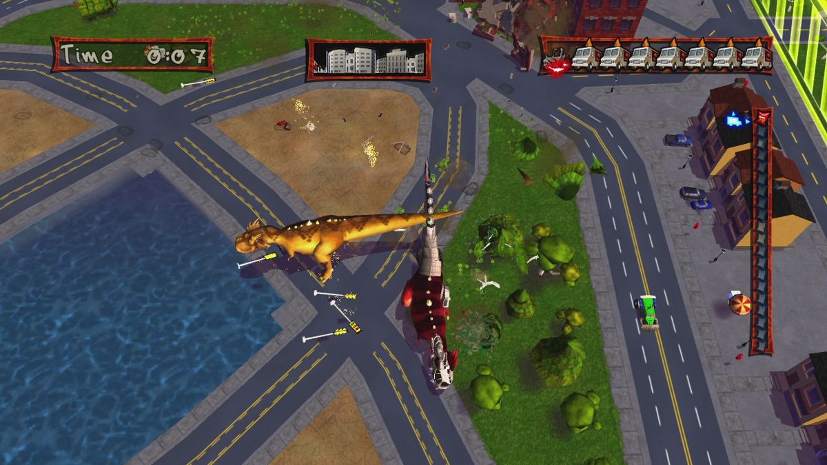 Doritos: Dash of Destruction (Xbox 360) screenshot: In higher levels you have to catch the trucks faster than competing dinosaurs do.