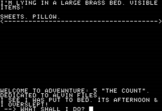 The Count (Apple II) screenshot: Starting in a Large Brass Bed