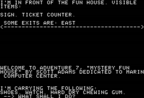 Mystery Fun House (Apple II) screenshot: Starting Outside the Fun House