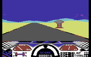 Turbo 64 (Commodore 64) screenshot: Zooming past the tree.