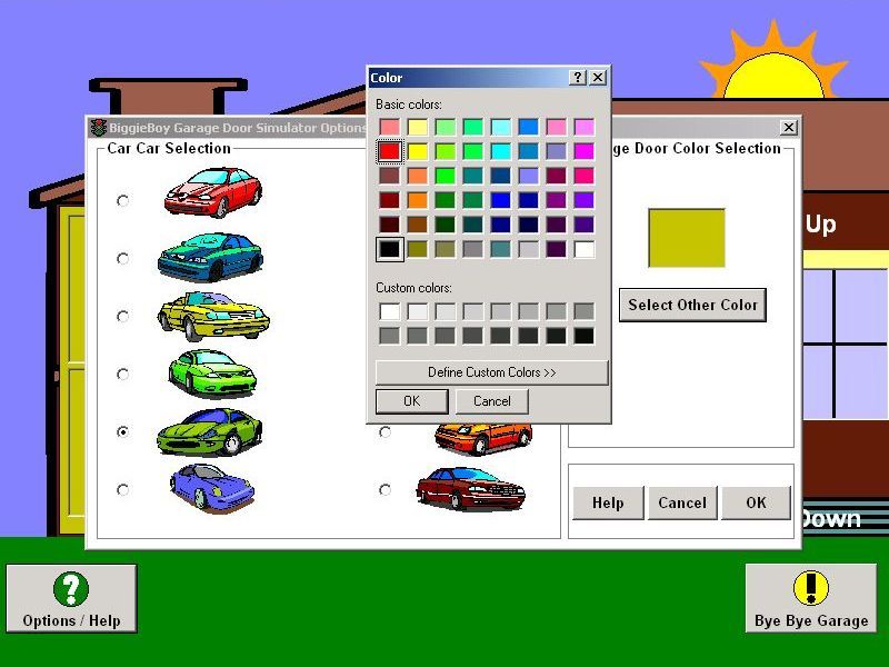 BiggieBoy Garage Door Opener (Windows) screenshot: The customisation screen where the car and the garage door colour can be changed