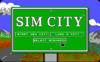SimCity (DOS) screenshot: Title screen and main menu (Tandy/PCjr)