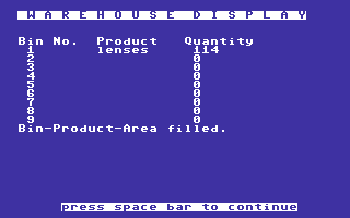 Warehouse (Commodore 64) screenshot: Bins and Products.