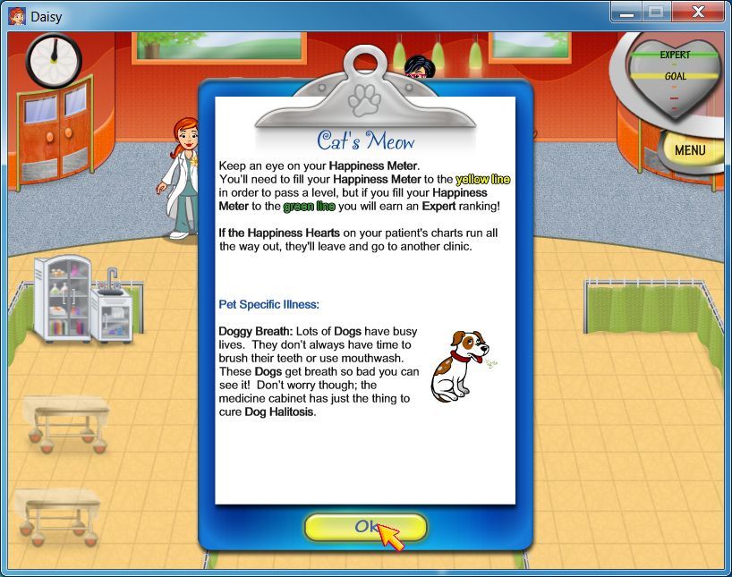 Dr. Daisy: Pet Vet (Windows) screenshot: The start of day two and trhere's a hint, today we're treating cats and dogs