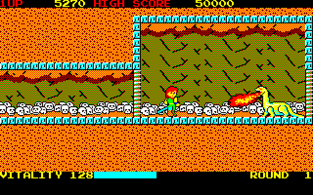 Dragon Buster (Sharp X1) screenshot: Battling a Fafnil (young dragon)
