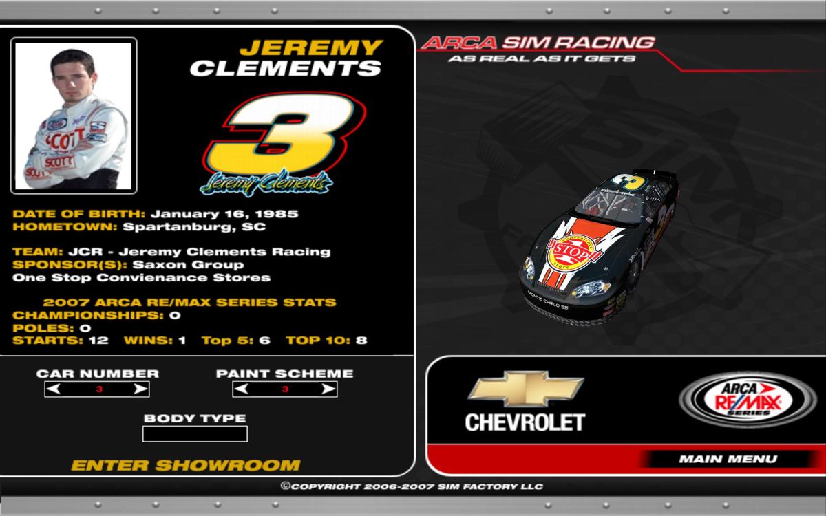 ARCA Sim Racing '08 (Windows) screenshot: Car Select.