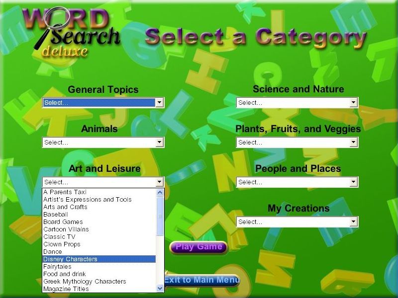 Word Search Deluxe (Windows) screenshot: Puzzle Fun: After selecting the grid size the player can choose from one of the many word groups in each category